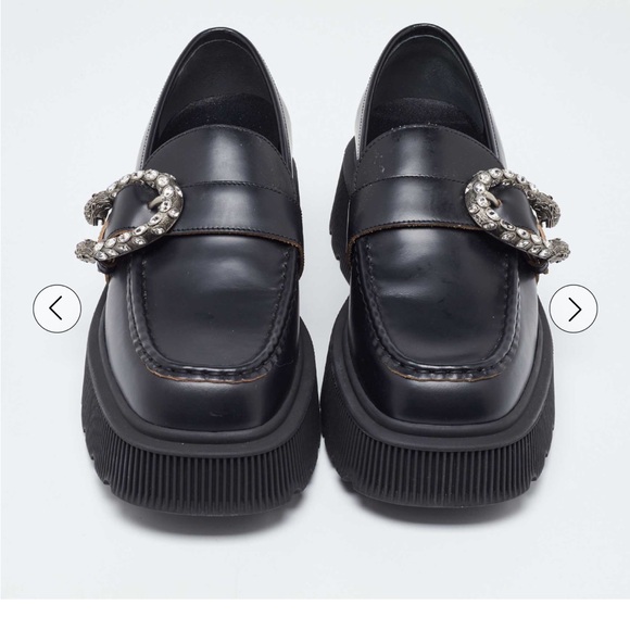 LIKE NEW GUCCI Black Leather Dionysus Accent Platform Loafers Sz 38.5 - Picture 1 of 13